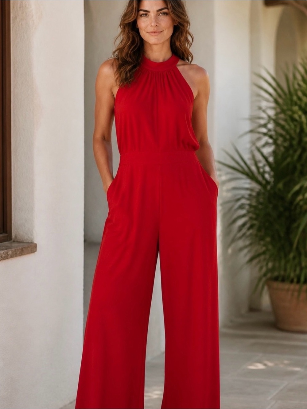 Jason Wu Red High-Neck Wide-Leg Jumpsuit